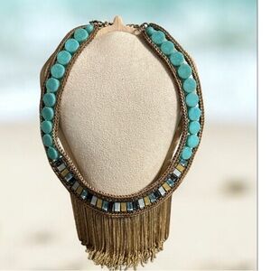 Chico's Turquoise and Gold Fringe Statement Necklace